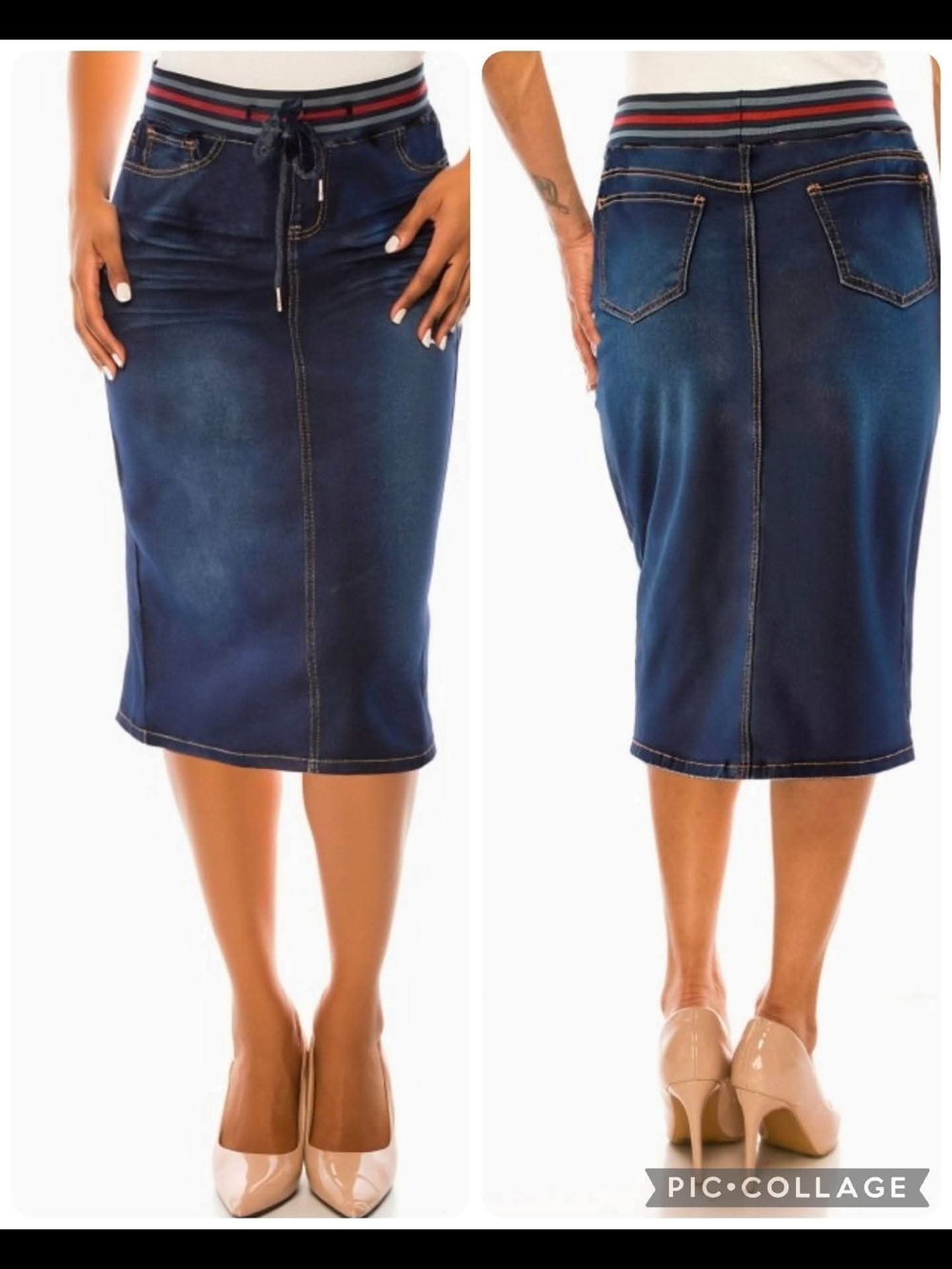 Dark Blue Denim Midi Pencil Skirt with Stripe Elastic Waist